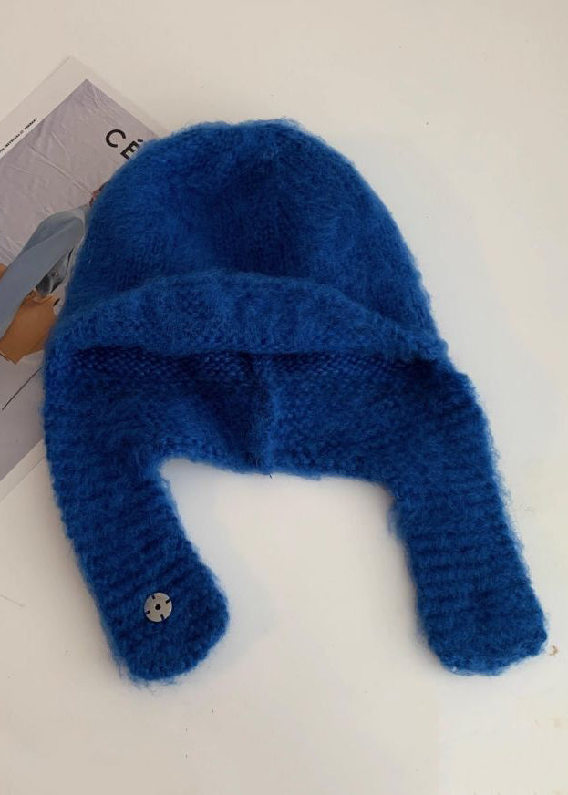 Vintage Blue Thick Knit One-piece Scarf Hat