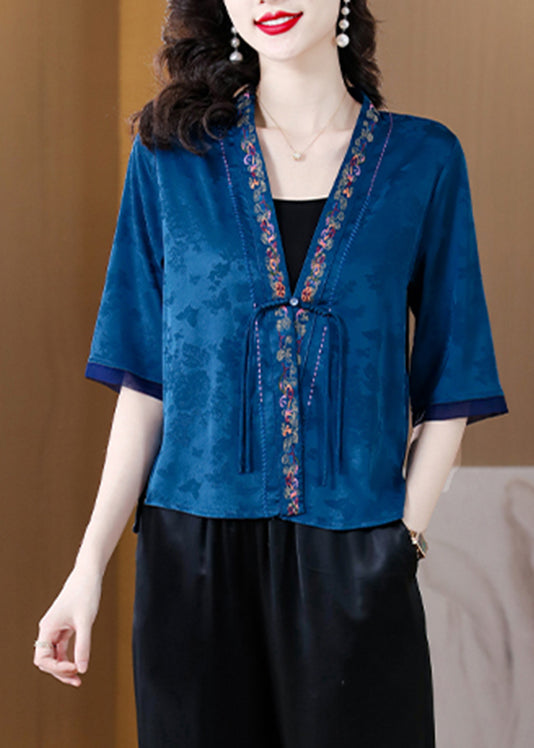 Vintage Blue V Neck Embroidered Button Ice Silk Shirt Half Sleeve