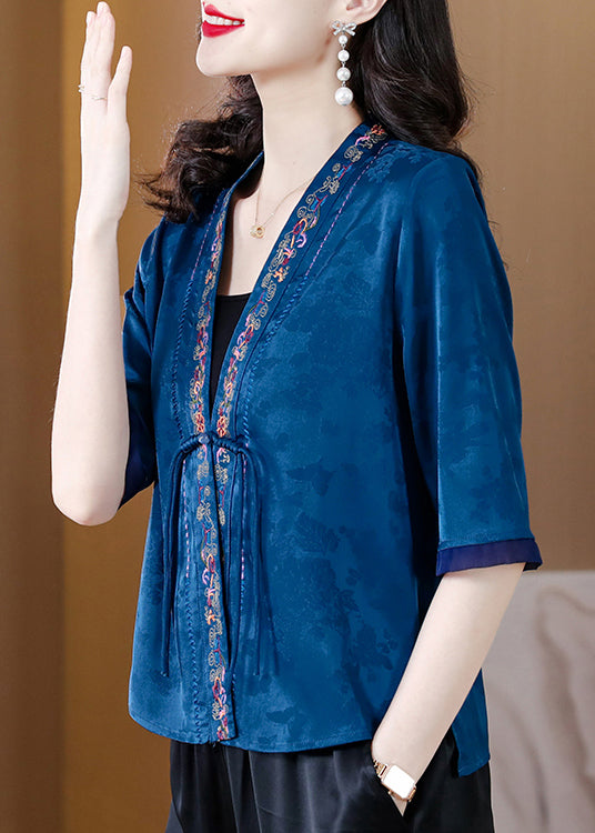 Vintage Blue V Neck Embroideried Button Ice Silk Shirt Half Sleeve