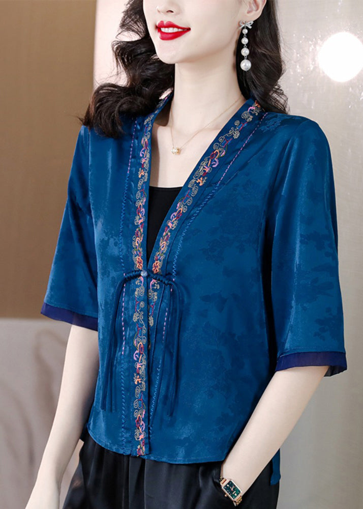 Vintage Blue V Neck Embroidered Button Ice Silk Shirt Half Sleeve