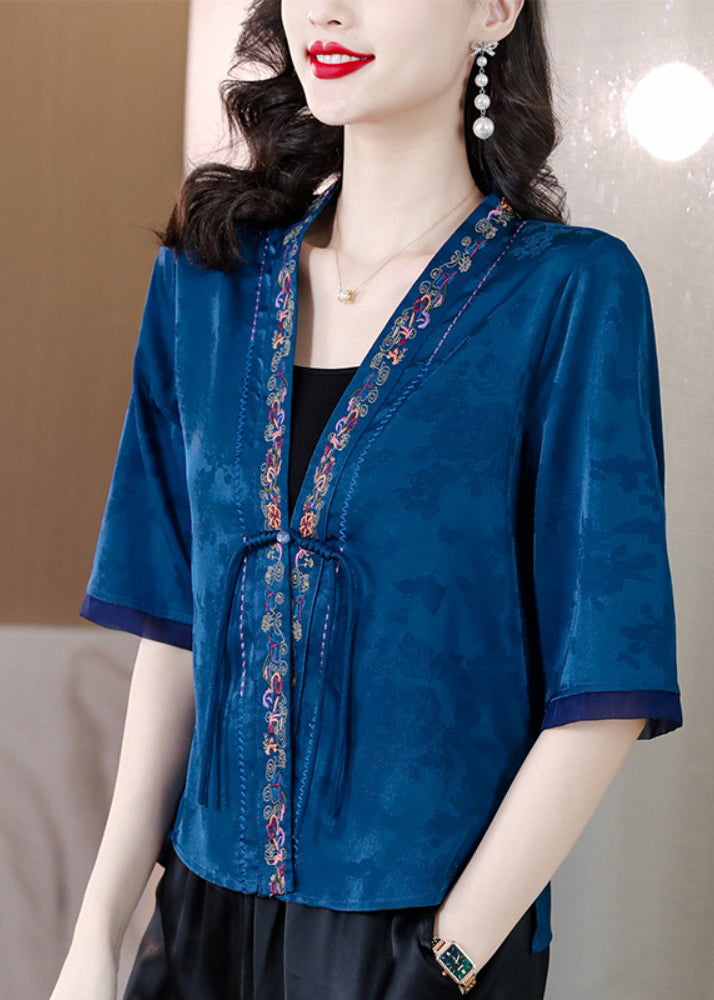 Vintage Blue V Neck Embroideried Button Ice Silk Shirt Half Sleeve