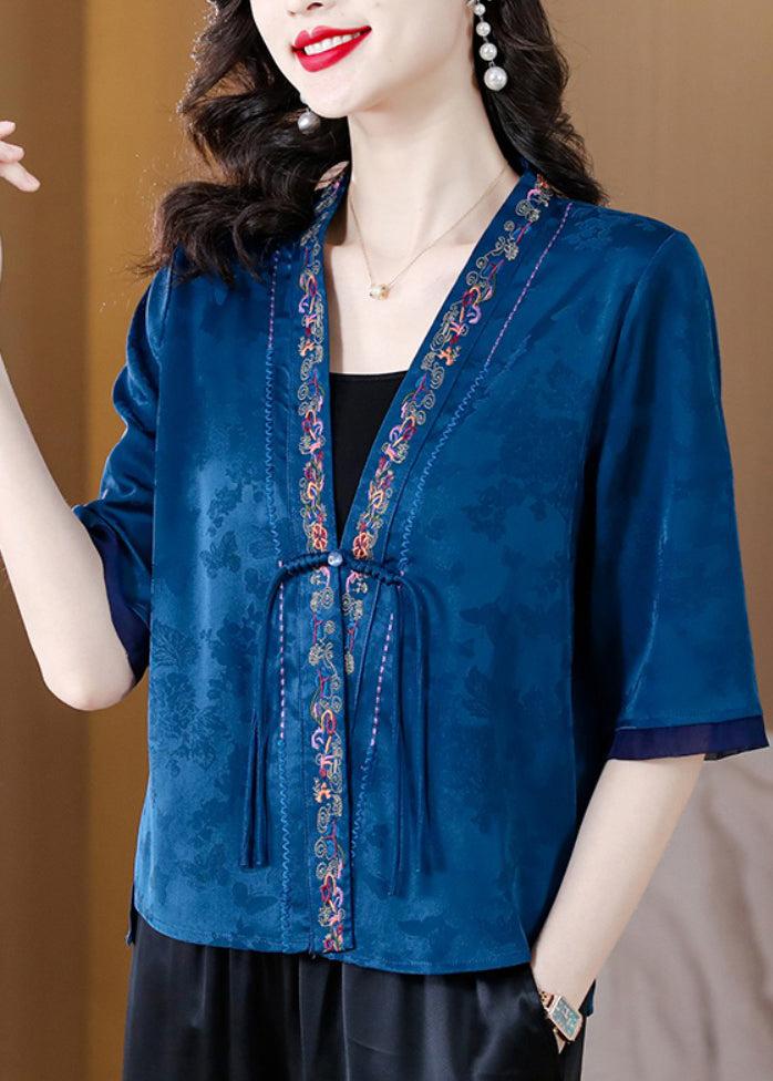 Vintage Blue V Neck Embroideried Button Ice Silk Shirt Half Sleeve