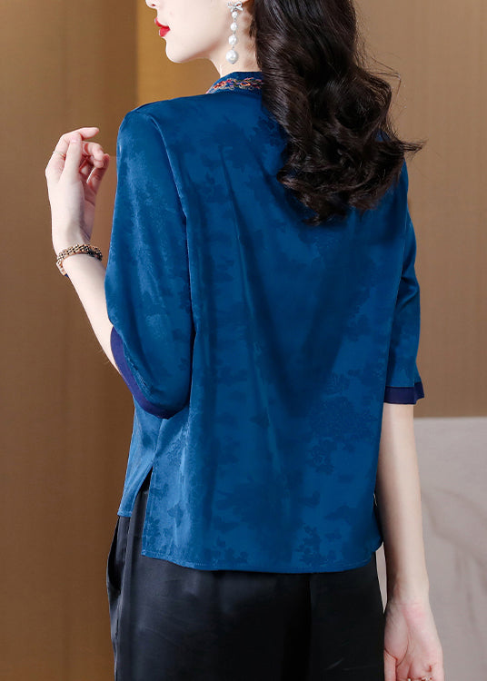 Vintage Blue V Neck Embroideried Button Ice Silk Shirt Half Sleeve
