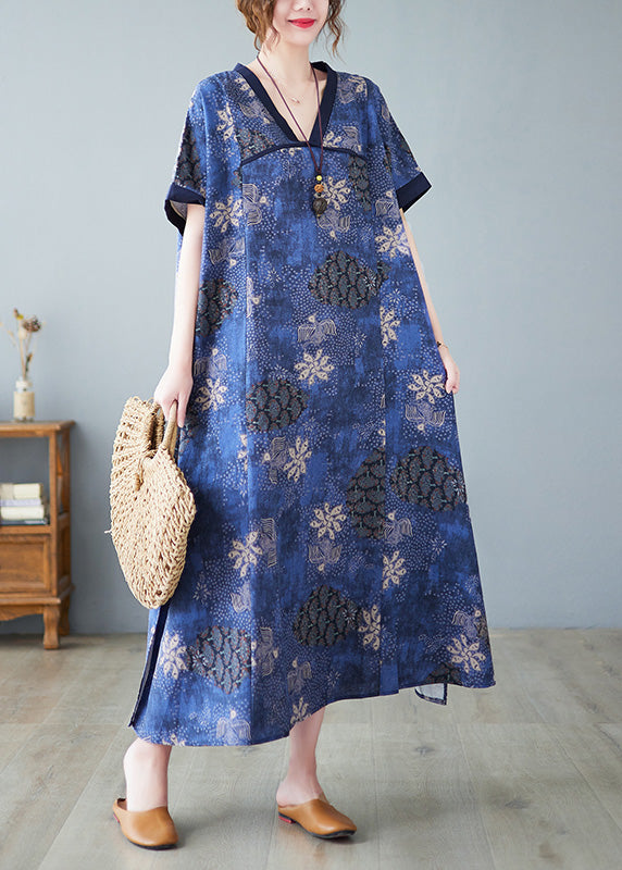 Vintage Blue V Neck Patchwork Long Dresses Summer