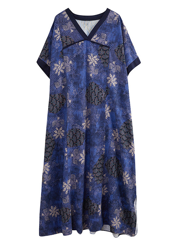 Vintage Blue V Neck Patchwork Long Dresses Summer