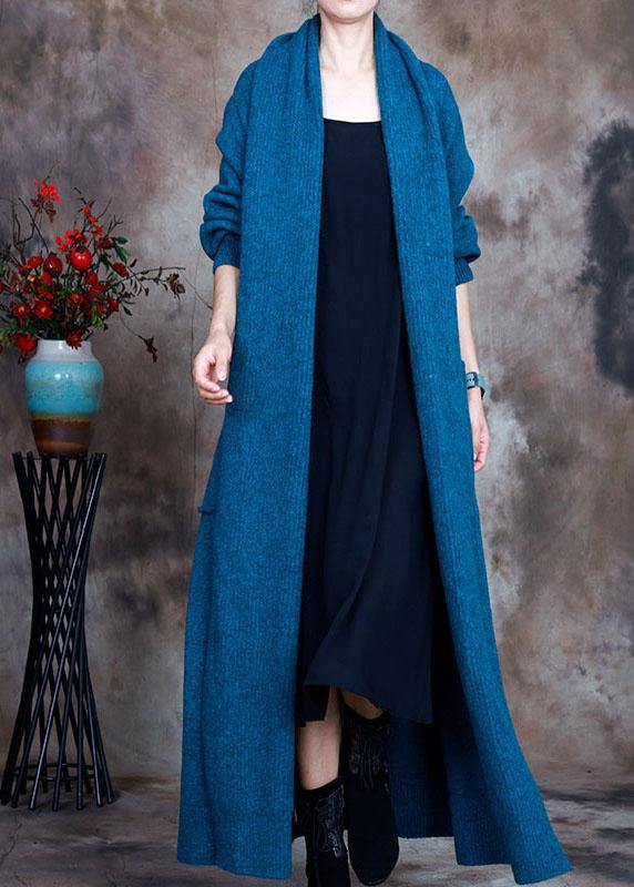 Vintage Blue V Neck Pockets Fall Knit Cardigan - Omychic