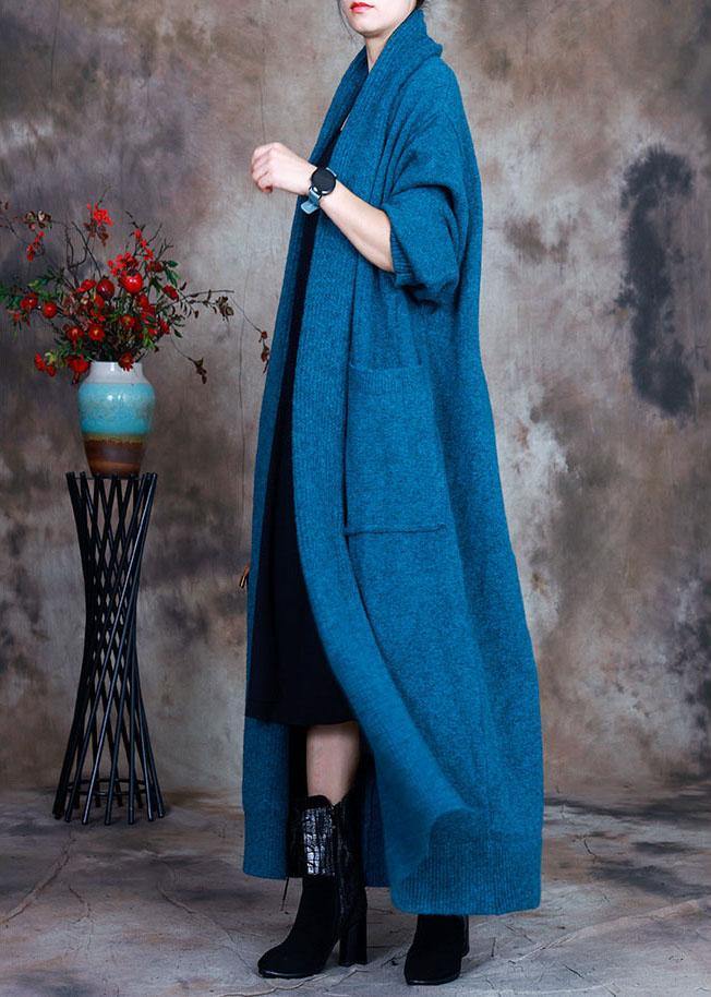 Vintage Blue V Neck Pockets Fall Knit Cardigan - Omychic