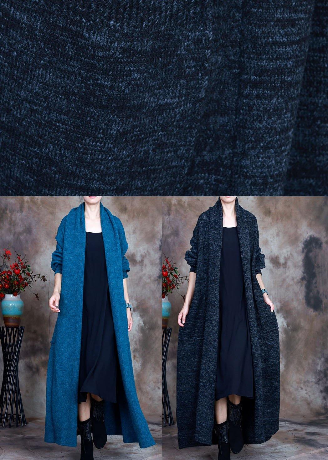 Vintage Blue V Neck Pockets Fall Knit Cardigan - Omychic