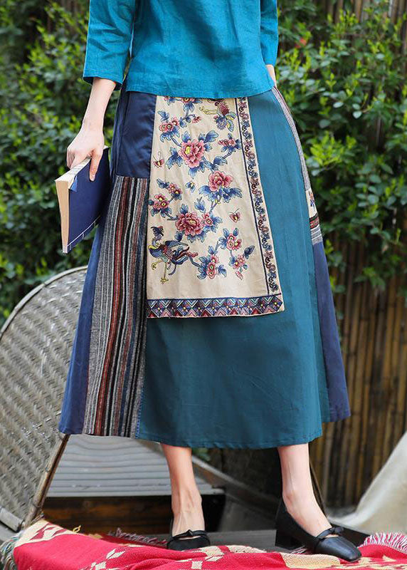 Vintage Blue Wrinkled Embroideried Pockets Patchwork Linen Skirt Summer