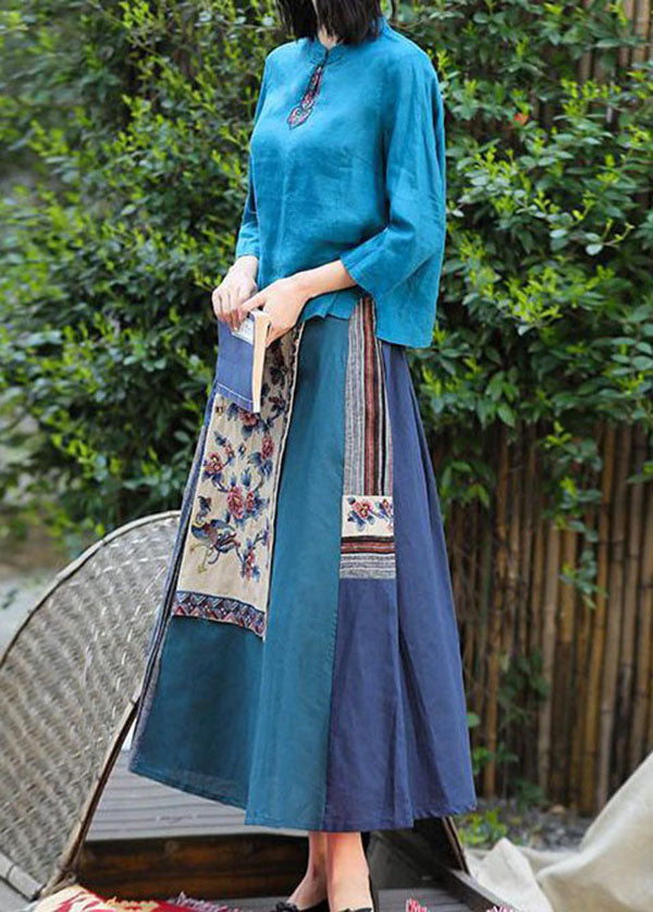 Vintage Blue Wrinkled Embroideried Pockets Patchwork Linen Skirt Summer
