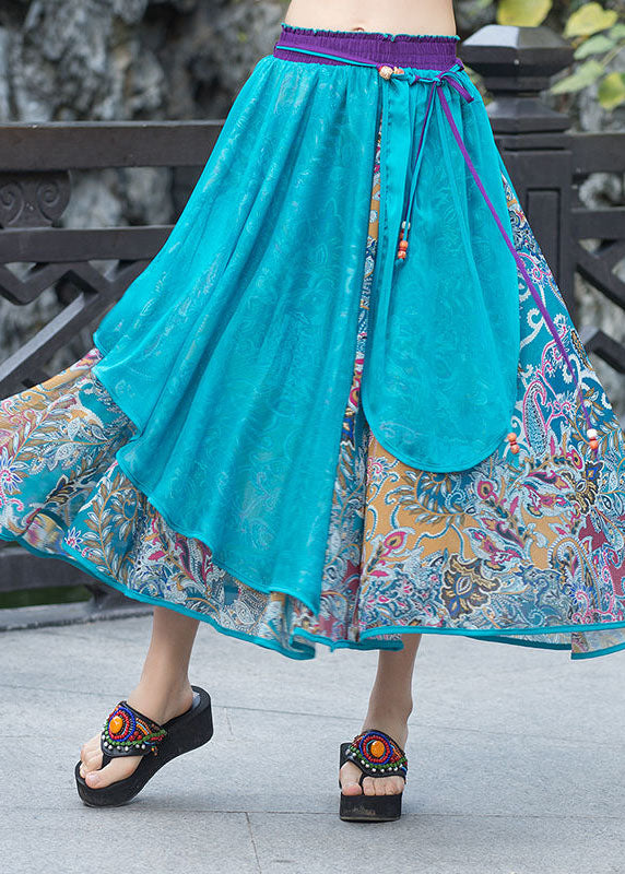 Vintage Blue Wrinkled Patchwork Print Chiffon Skirts Spring - Omychic