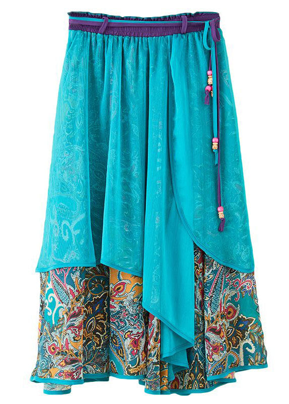 Vintage Blue Wrinkled Patchwork Print Chiffon Skirts Spring