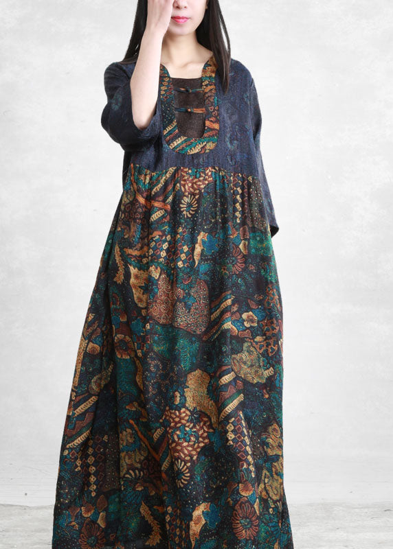 Vintage Blue Wrinkled Pockets Patchwork Long Dress Three Quarter sleeve