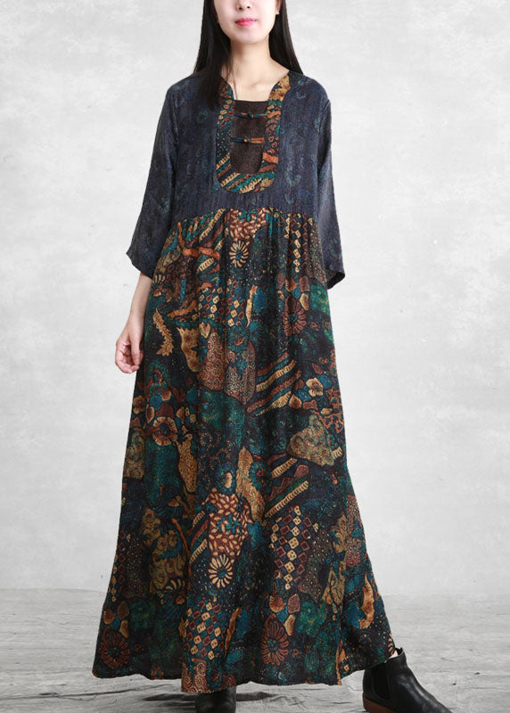 Vintage Blue Wrinkled Pockets Patchwork Long Dress Three Quarter sleeve