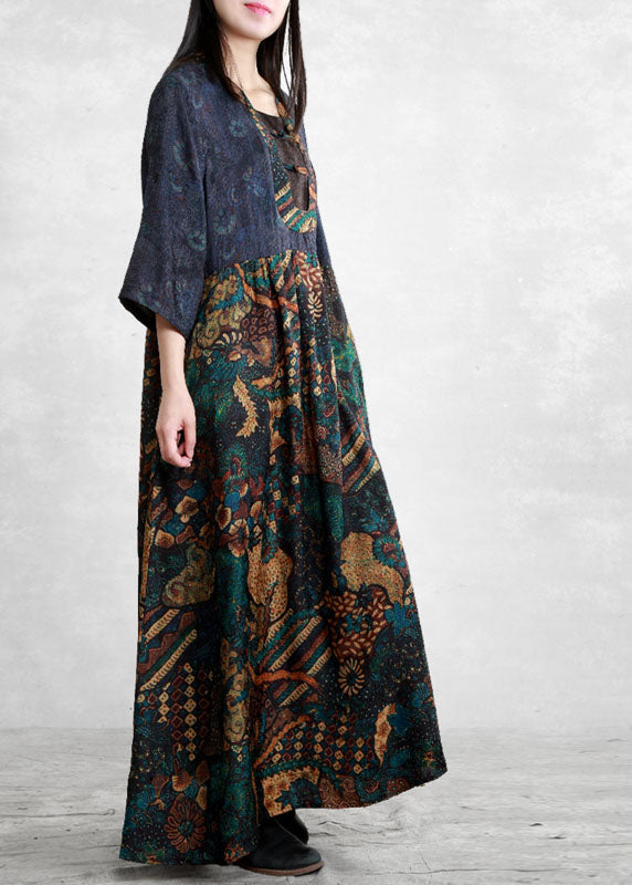 Vintage Blue Wrinkled Pockets Patchwork Long Dress Three Quarter sleeve