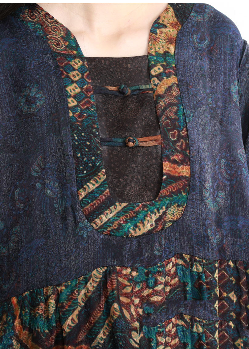 Vintage Blue Wrinkled Pockets Patchwork Long Dress Three Quarter sleeve