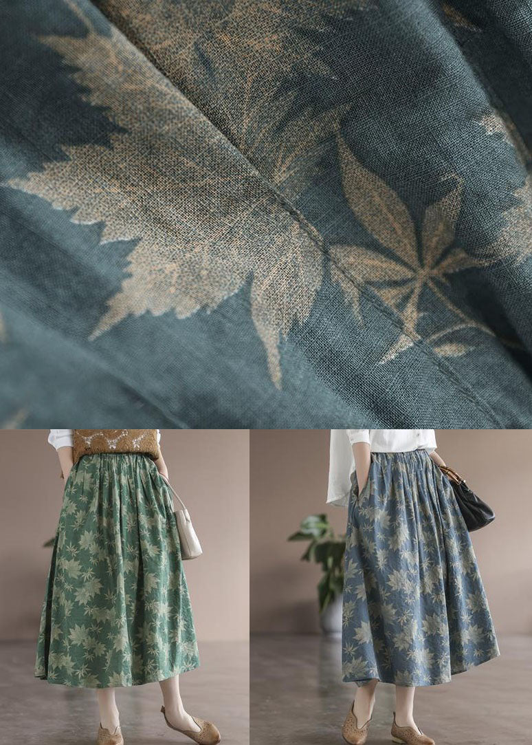 Vintage Blue Wrinkled Pockets Print Linen Skirt Spring