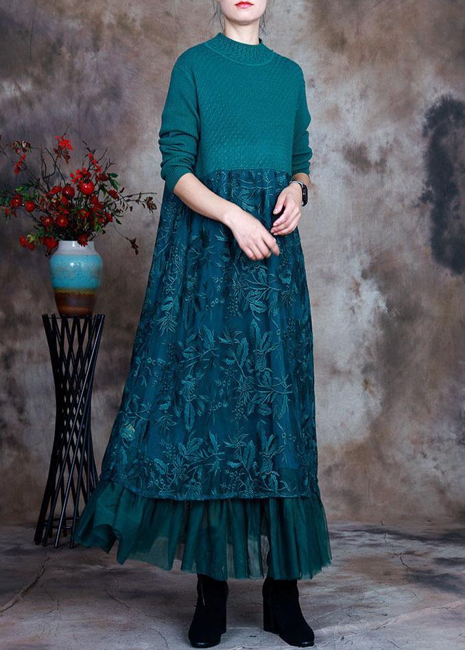 Vintage Blue slim fit Lace Patchwork Knit Fall Wool Dress - Omychic