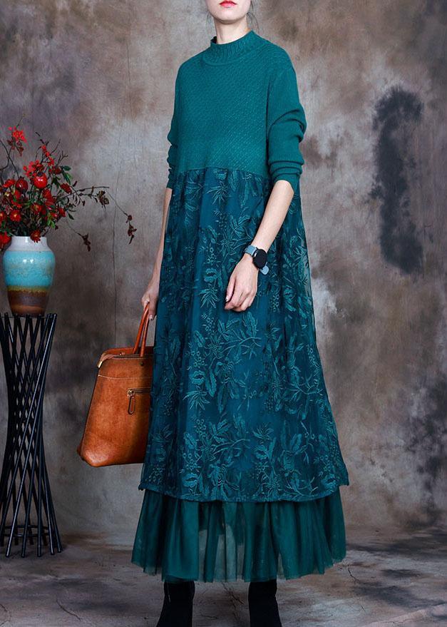 Vintage Blue slim fit Lace Patchwork Knit Fall Wool Dress - Omychic