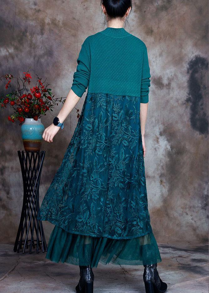 Vintage Blue slim fit Lace Patchwork Knit Fall Wool Dress - Omychic
