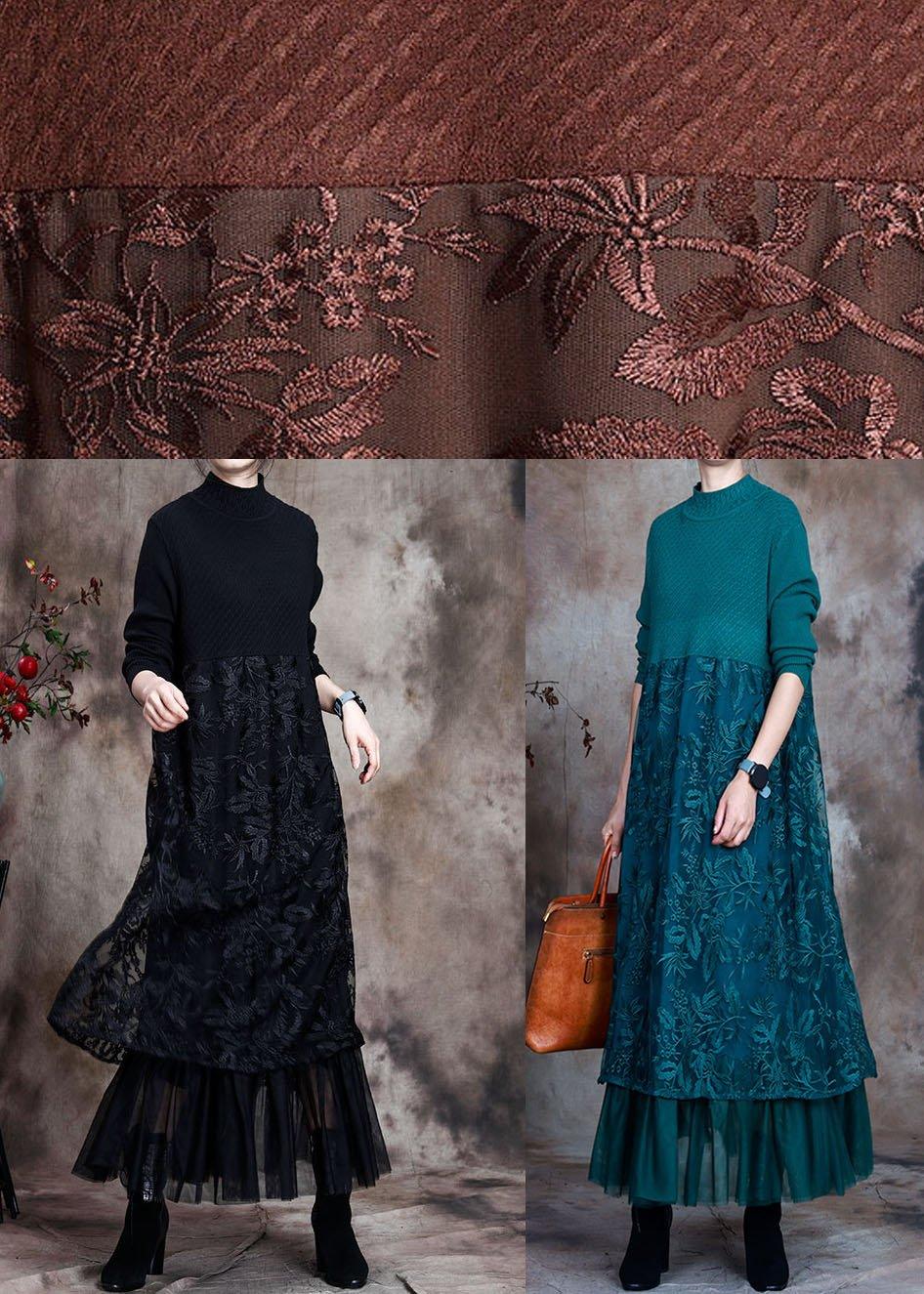 Vintage Blue slim fit Lace Patchwork Knit Fall Wool Dress - Omychic