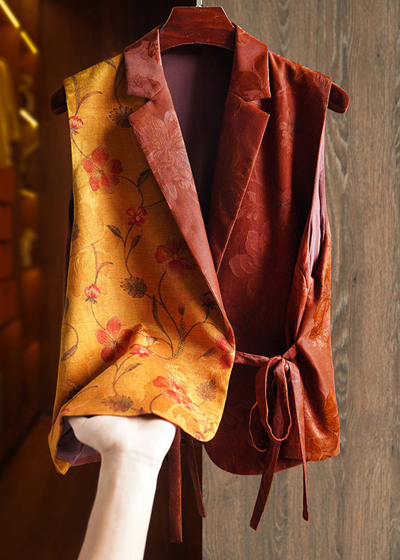 Vintage Brown Print Lace Up Patchwork Silk Vest Sleeveless
