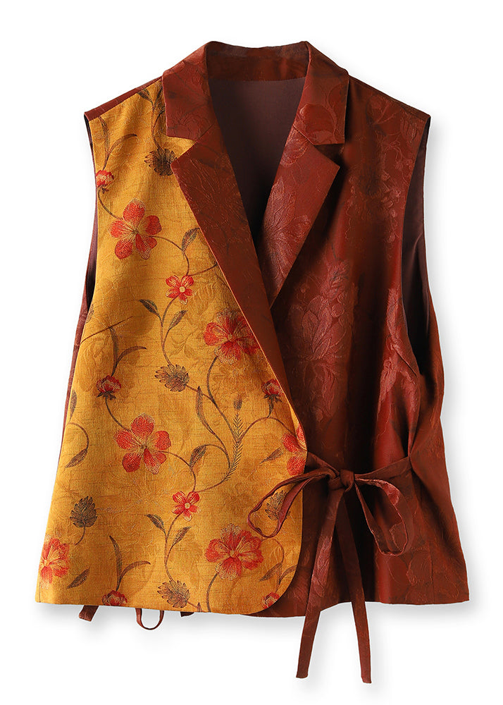 Vintage Brown Print Lace Up Patchwork Silk Vest Sleeveless