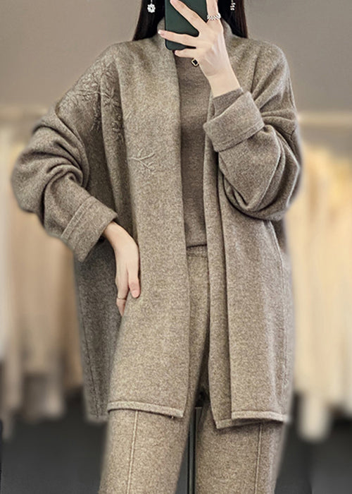 Vintage Camel Embroideried Patchwork Cozy Cashmere Cardigan Fall