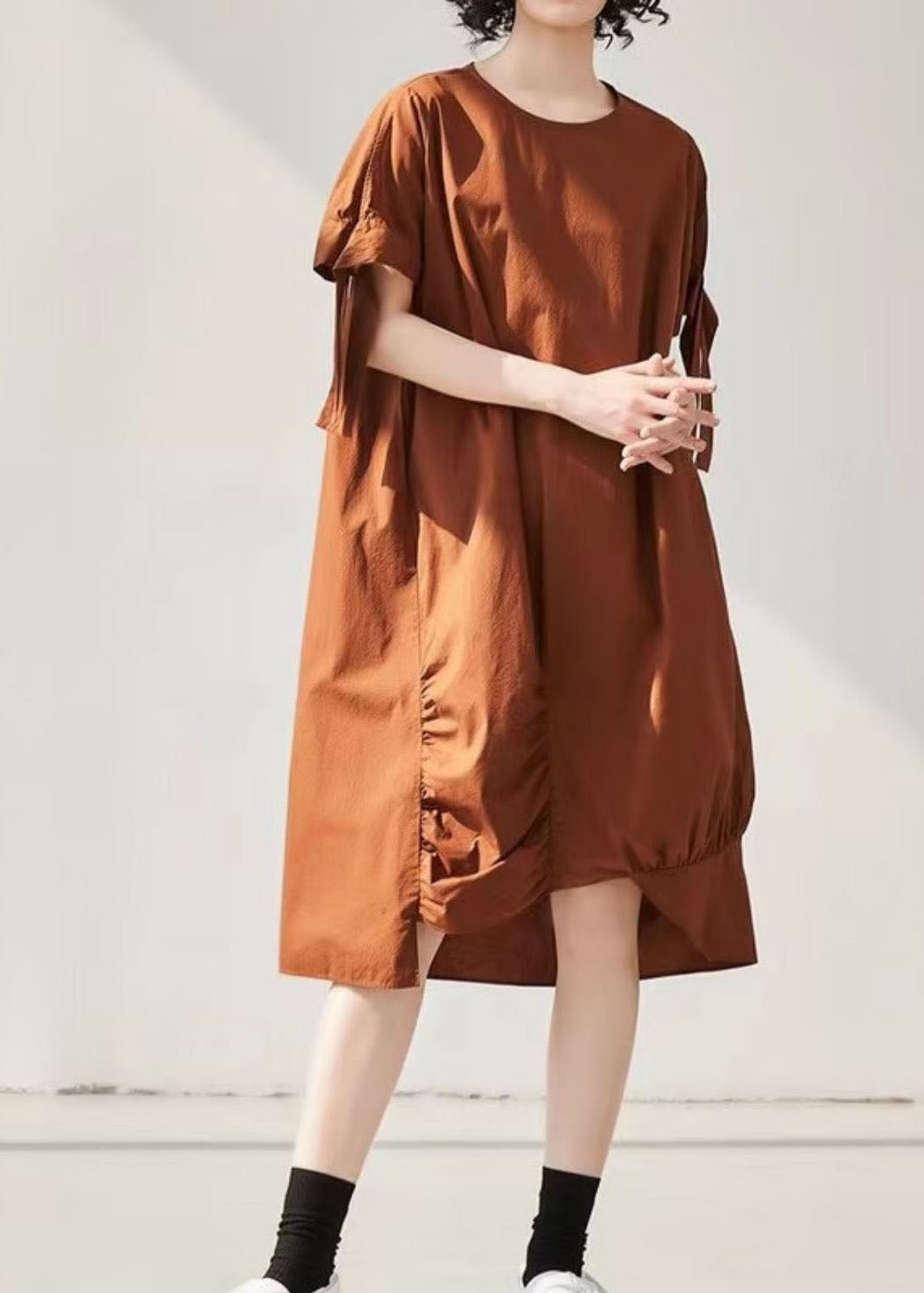 Vintage Caramel Asymmetrical Wrinkled Cotton Holiday Dress Short Sleeve