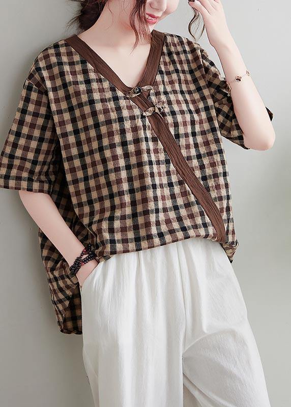 Vintage Chocolate Plaid Cotton Linen Blouse Top Summer - Omychic