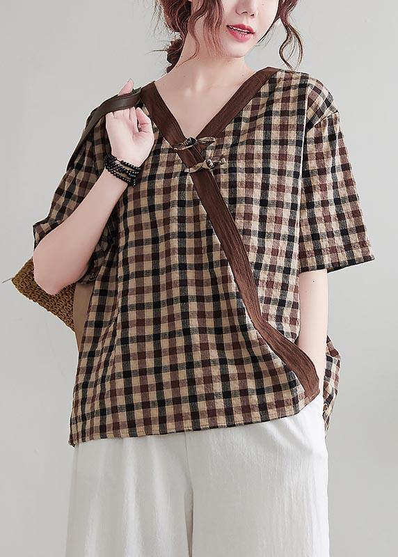 Vintage Chocolate Plaid Cotton Linen Blouse Top Summer - Omychic