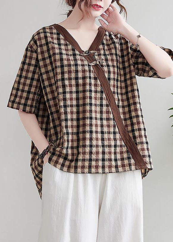 Vintage Chocolate Plaid Cotton Linen Blouse Top Summer - Omychic