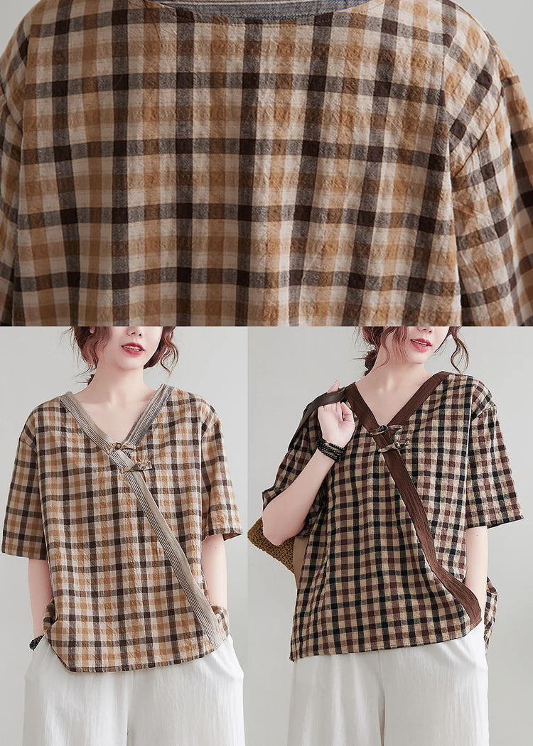 Vintage Chocolate Plaid Cotton Linen Blouse Top Summer - Omychic