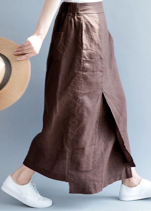 Vintage Coffee Asymmetrical Side Open Linen Skirts Fall