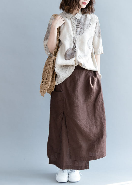 Vintage Coffee Asymmetrical Side Open Linen Skirts Fall