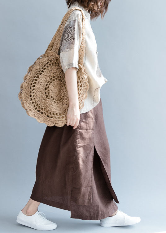 Vintage Coffee Asymmetrical Side Open Linen Skirts Fall