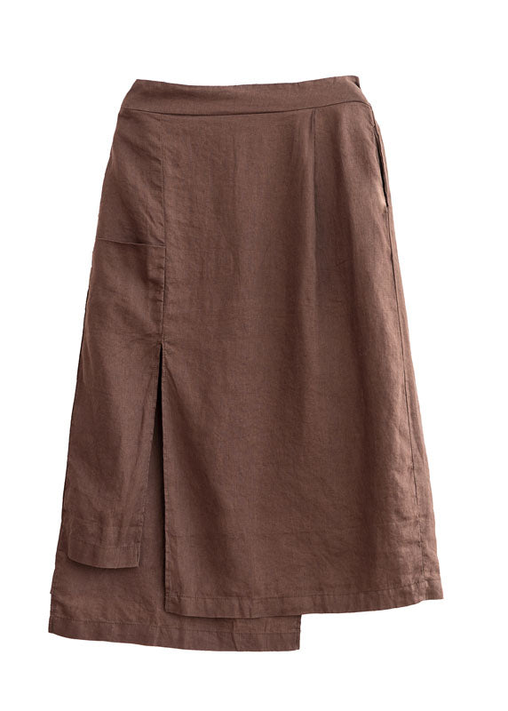 Vintage Coffee Asymmetrical Side Open Linen Skirts Fall