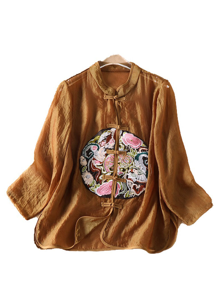 Vintage Coffee Chinese Button Embroideried Tulle Blouses Long sleeve