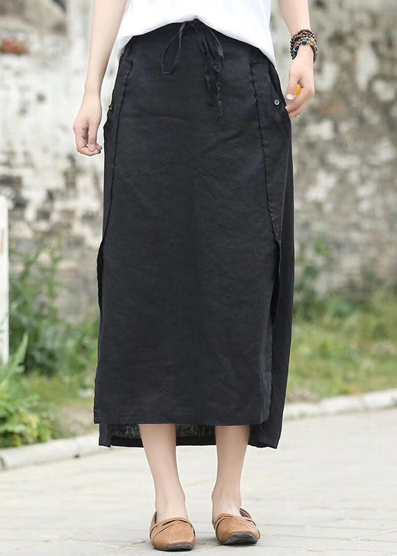 Vintage Coffee Cinched Pockets Patchwork Linen Skirts Summer