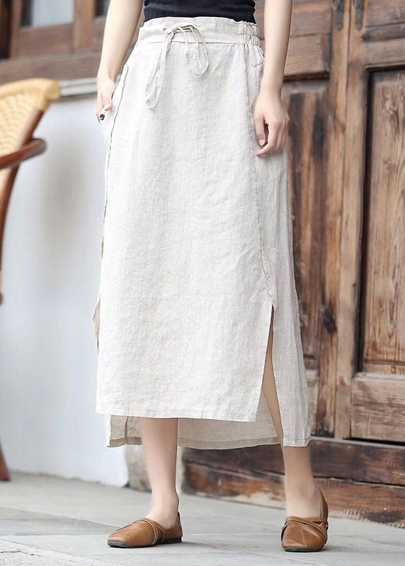 Vintage Coffee Cinched Pockets Patchwork Linen Skirts Summer