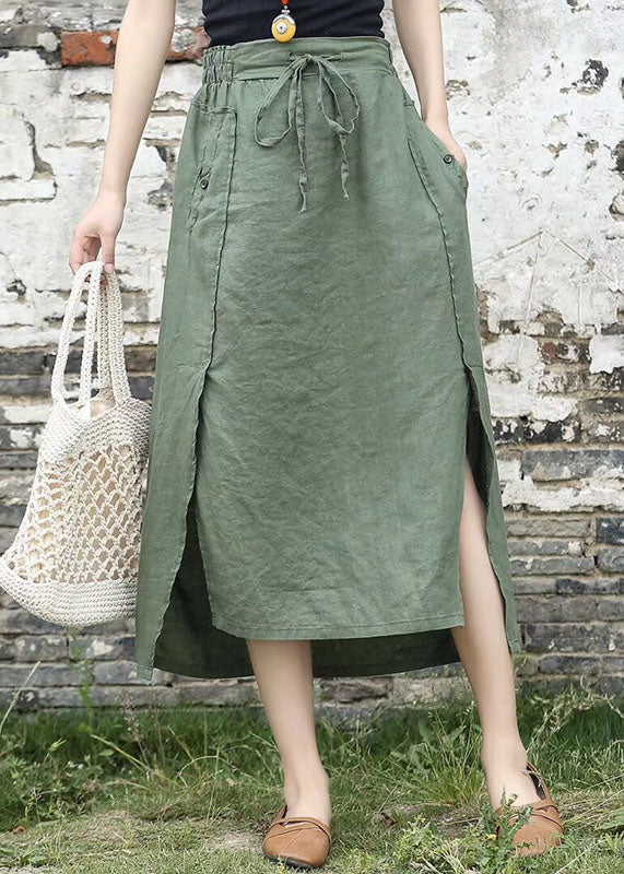 Vintage Coffee Cinched Pockets Patchwork Linen Skirts Summer