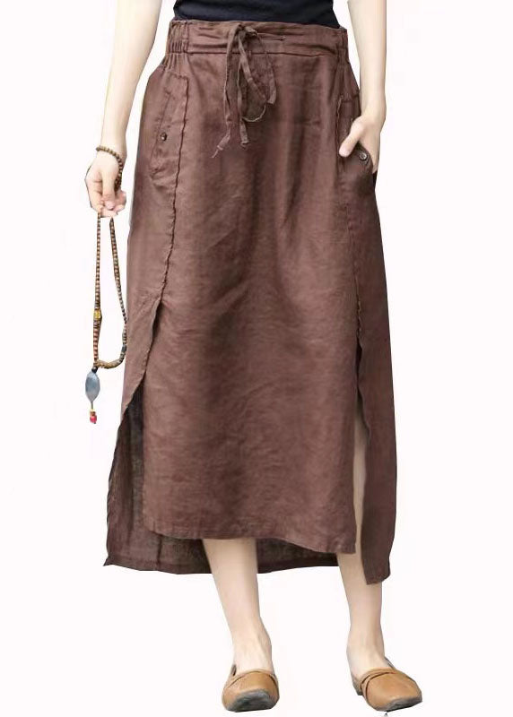 Vintage Coffee Cinched Pockets Patchwork Linen Skirts Summer