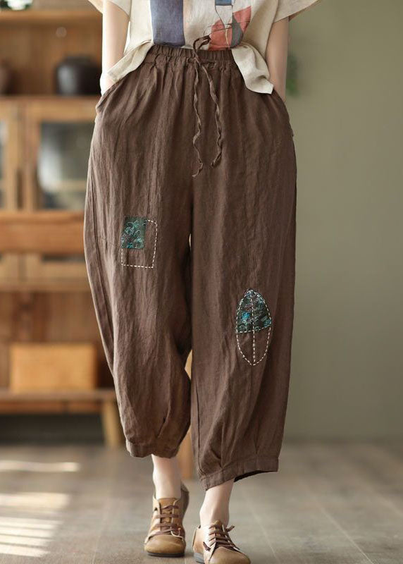 Vintage Coffee Embroideried Pockets Cinched Patchwork Linen Harem Pants Summer