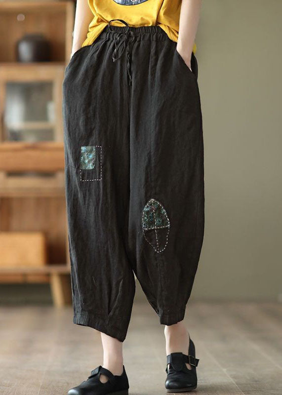 Vintage Coffee Embroideried Pockets Cinched Patchwork Linen Harem Pants Summer