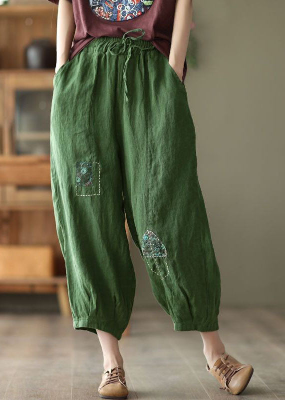 Vintage Coffee Embroideried Pockets Cinched Patchwork Linen Harem Pants Summer