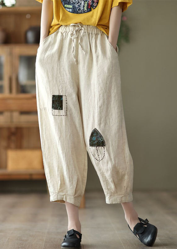 Vintage Coffee Embroideried Pockets Cinched Patchwork Linen Harem Pants Summer