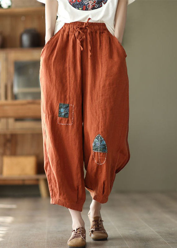 Vintage Coffee Embroideried Pockets Cinched Patchwork Linen Harem Pants Summer