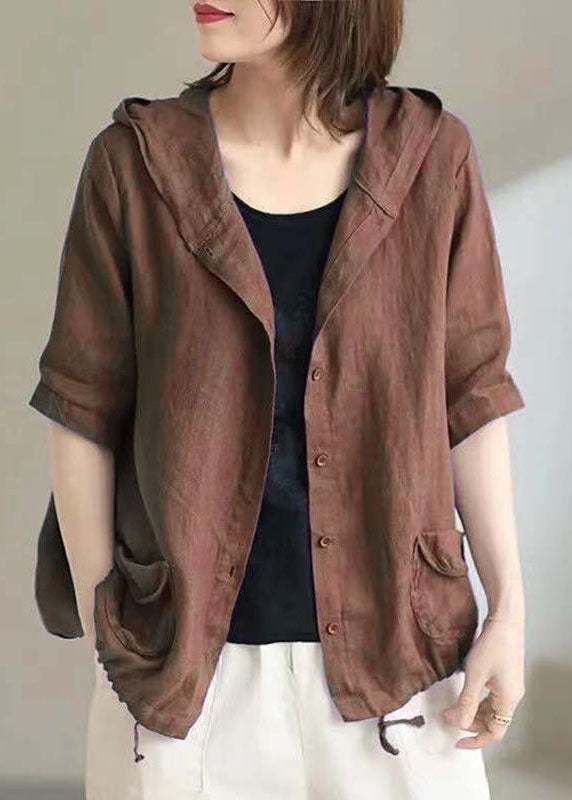 Vintage Coffee Hooded Pockets Cinched Button Patchwork Linen Coats Summer