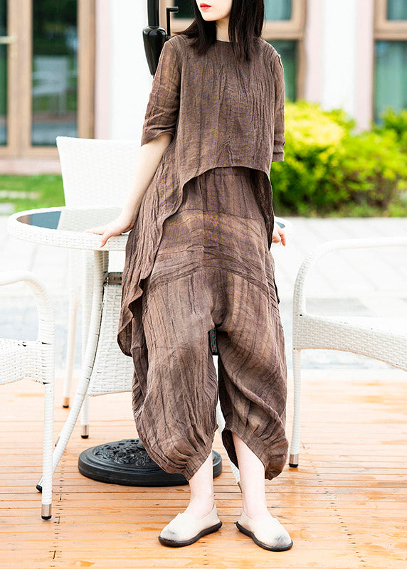 Vintage Coffee O-Neck Asymmetrical Linen Top And Lantern Pants Two Pieces Set Summer
