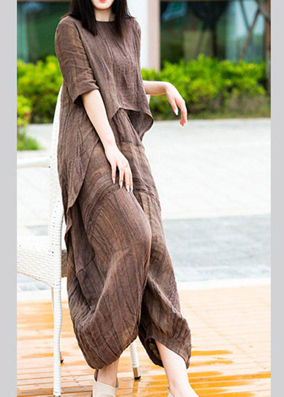 Vintage Coffee O-Neck Asymmetrical Linen Top And Lantern Pants Two Pieces Set Summer